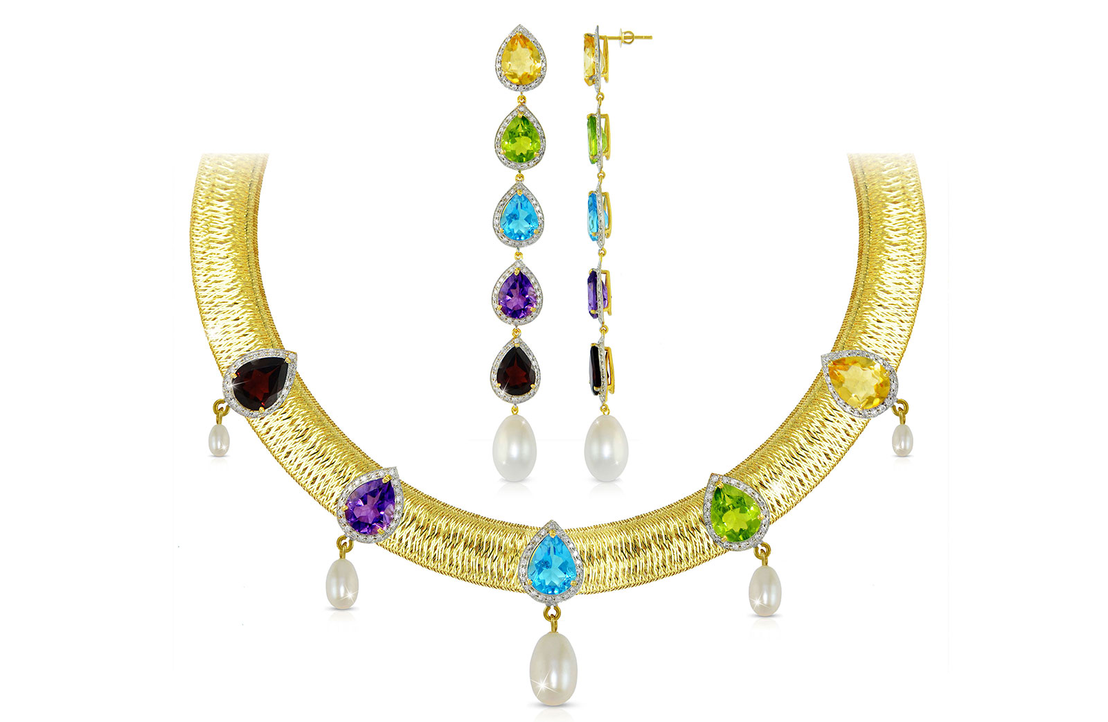 Vera Perla 18K  Gold 1.80Ct Genuine Diamonds and Multi-Gemstones with 7mm-13mm Pearls Jewelry Set, 2 pcs